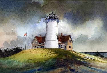 Ominous Skies over Nobska Lighthouse. Watercolor on Arches cold pressed paper. thumb