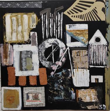 Grey black Brown acrylic & paper collage 100x100 thumb