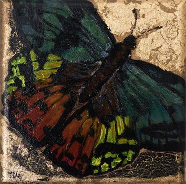 Butterfly green, yellow, red on gold thumb