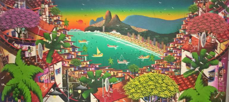 Brazilian Colorful Favela Two Brothers Hill, Original Wall Art Painting ...