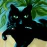 When I took this photo my camera was set on fluorescent white balance by accident. All the light in the photo was blue. I decided to use that to create a more stylised work - a black cat with blue light on his coat. It was a challenge and took a long time. There was a nice gestural symmetry painting the light on his coat and the plant behind him. Mojo is good in blue. He is serene and mystical, an introspective, gentle soul. I tried to capture this in the painting.