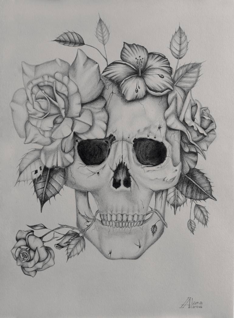 skull with flowers drawing