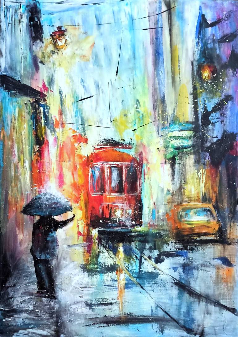 City rain painting Painting by Natalja Picugina | Saatchi Art