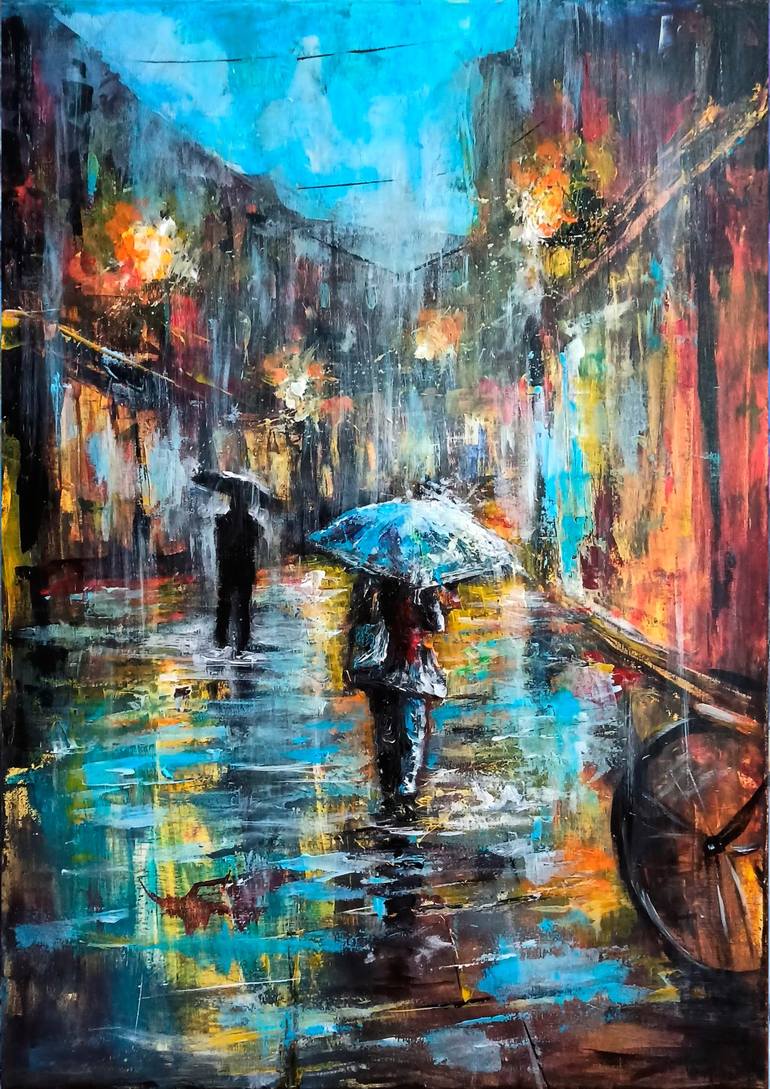 People walking in the rain, Print of acrylic painting. Urban wall art  artwork