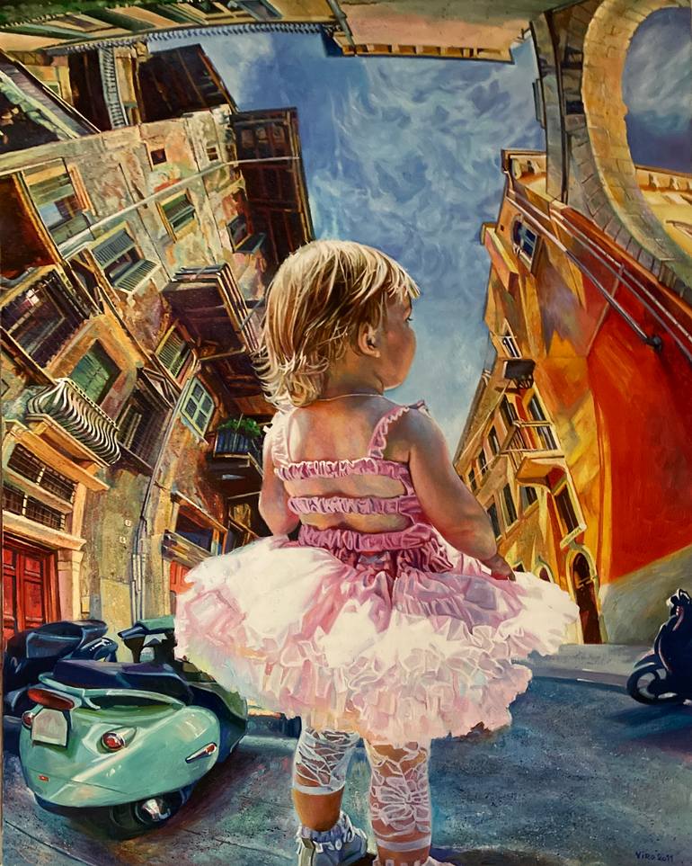Original Children Painting by Viro Arnold | Figurative Art on Canvas | A Little Dreamer Beneath the Italian Sky