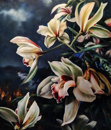 Cymbidium Orchids in Wildfire, Oil on canvas, 39in. by 47in. thumb