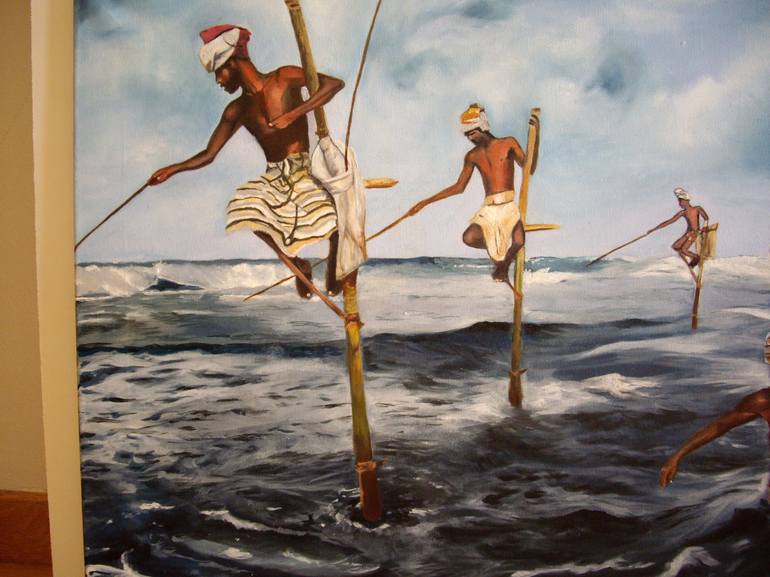 Stilt fishermen Sri Lanka Painting by Ana Blanco