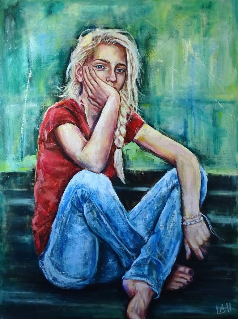 A Girl in Blue Jeans Painting by Albina Lukmanova Saatchi Art