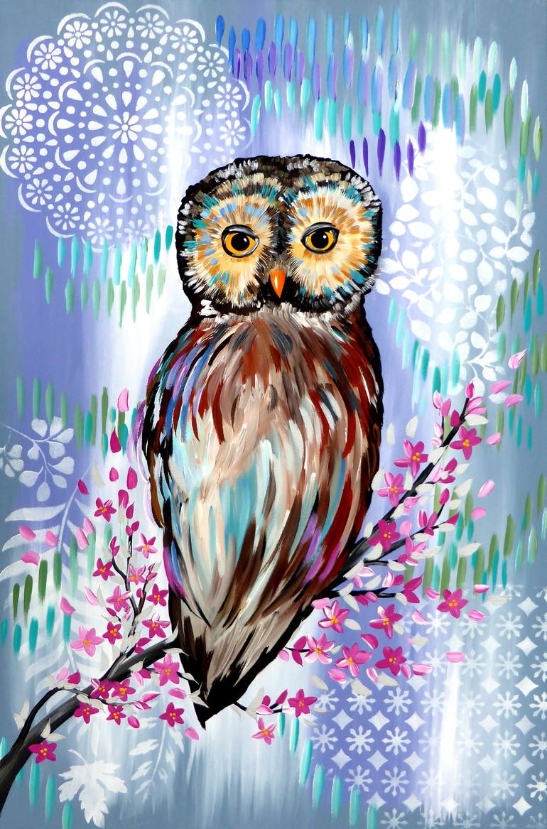 Boho Owl on Large Canvas Painting by Cathy Jacobs