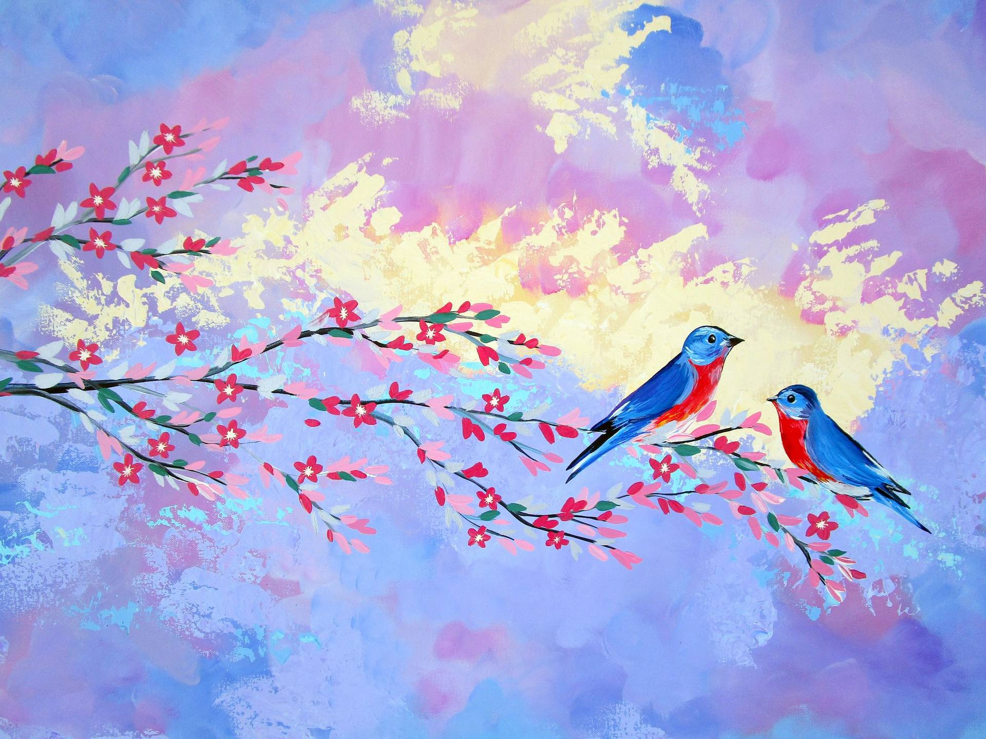 Original Painting Love Bird Art Light Blue Turquoise Cherry Blossoms Tree  Acrylic on Stretched Canvas Ships Immediately 45x30 - Art by Nathalie Van