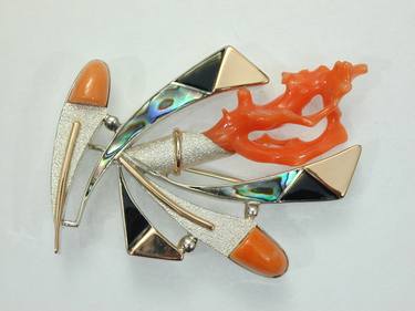 Brooch - gold, silver, coral, mother of pearl thumb