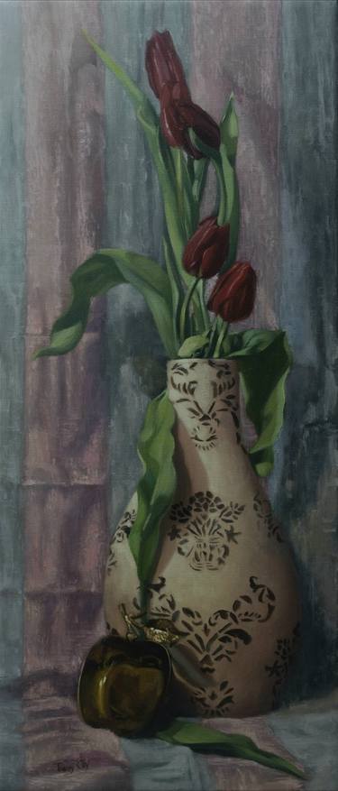 Early march red tulips/ flowers in ceramic vase thumb