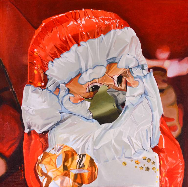Original Christmas Painting by Tracey Cky | Photorealism Art on Canvas | Christmat/ Santa/ Chocolate/ Figurative/ Holiday/Present