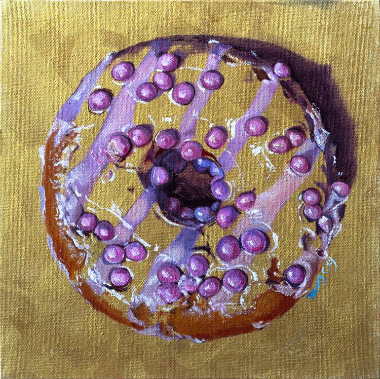 Original Food & Drink Painting by Tracey Cky | Photorealism Art on Canvas | Doughnut/ pastry / pink/ sphere/ sweet / sugar