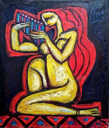 Женщина с рыжими волосами и пан-флейтой thumb