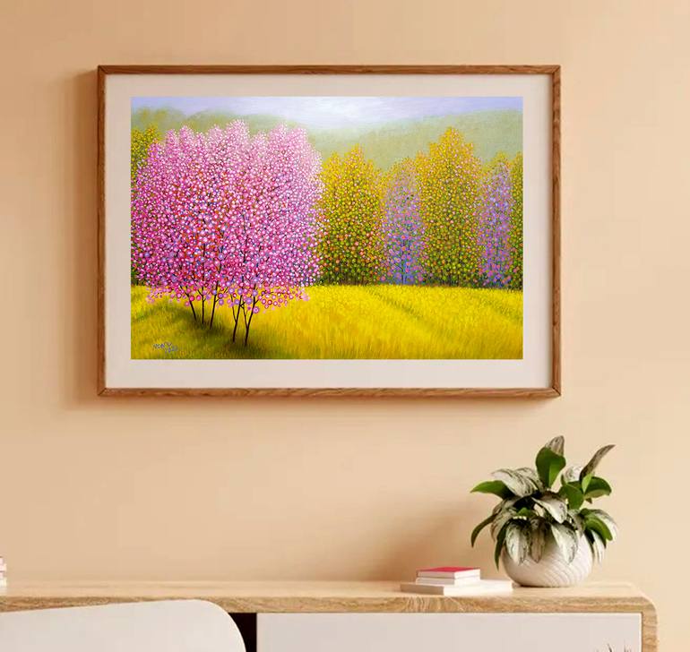 Original Art Deco Landscape Painting by Nguyen Chi Nguyen