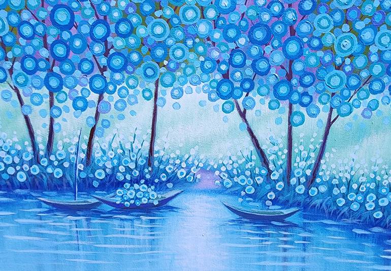 Original Art Deco Landscape Painting by Nguyen Chi Nguyen