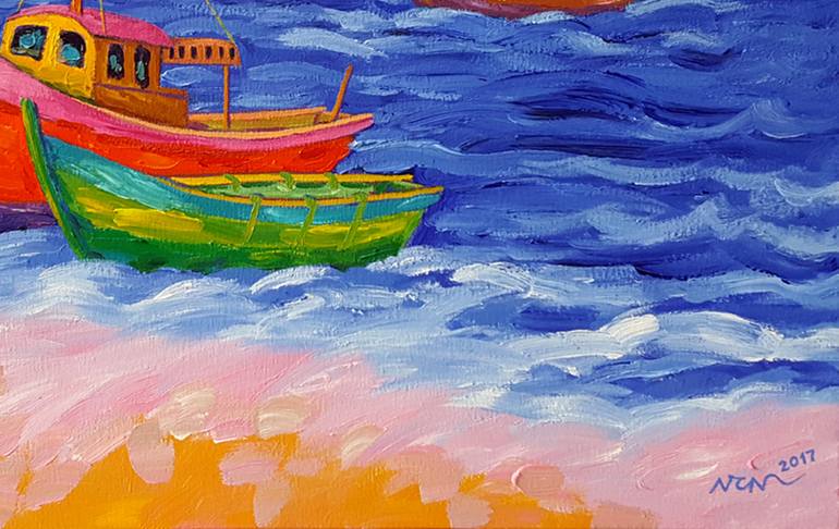 Original Art Deco Landscape Painting by Nguyen Chi Nguyen