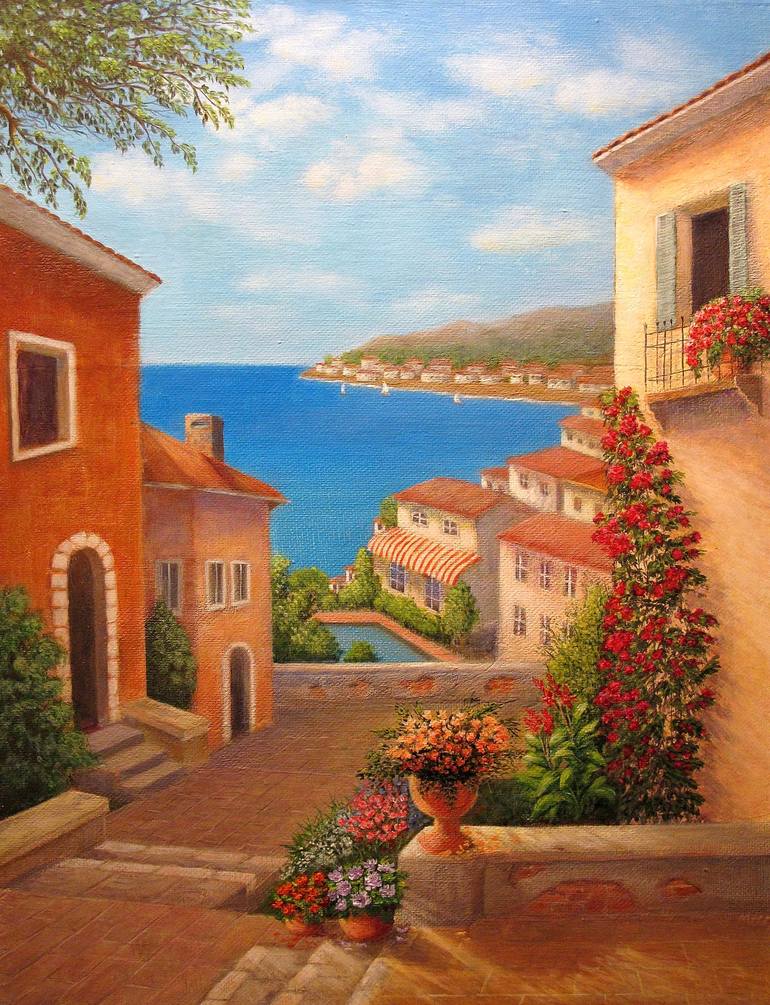 Coastal Town Painting by OLEG LITVAK | Saatchi Art