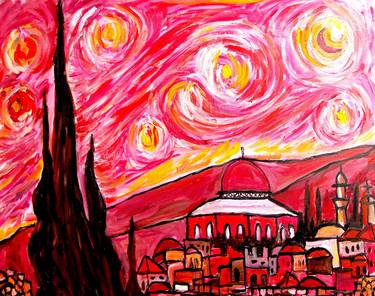 Painting Starry Night of Jerusalem in pink thumb