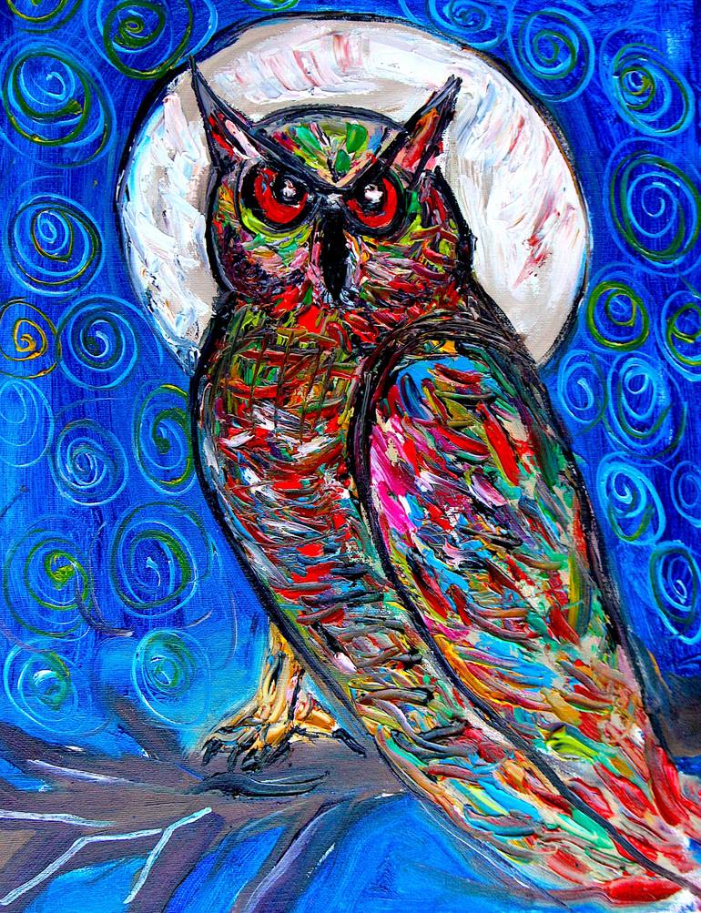 Owl with the full moon Painting by Said Elatab | Saatchi Art